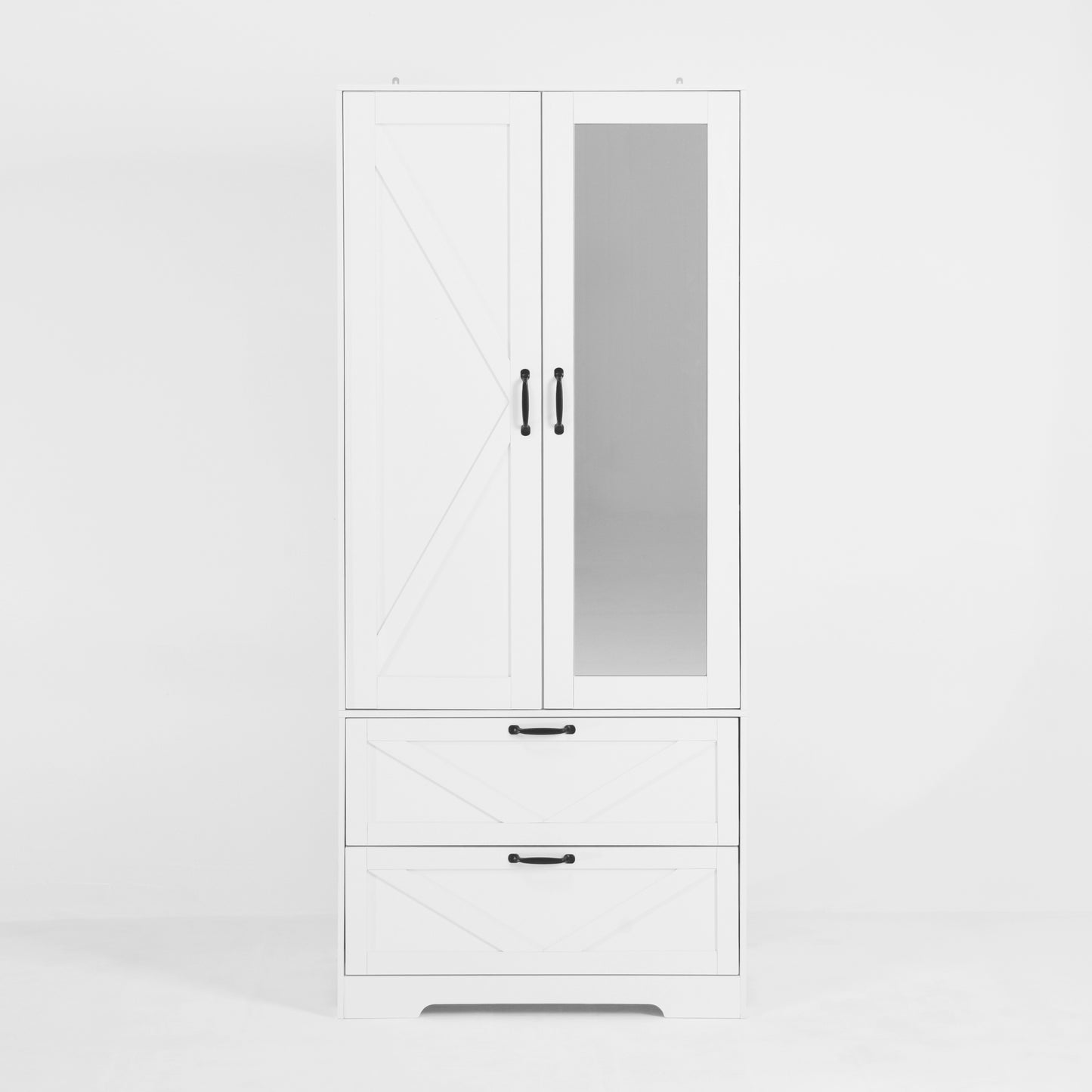 Wood Wardrobe Closet with 2 Doors, Mirror, Induction Light & 2 Drawers - 71" Bedroom Cabinet, White