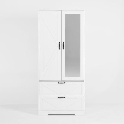 Wood Wardrobe Closet with 2 Doors, Mirror, Induction Light & 2 Drawers - 71" Bedroom Cabinet, White