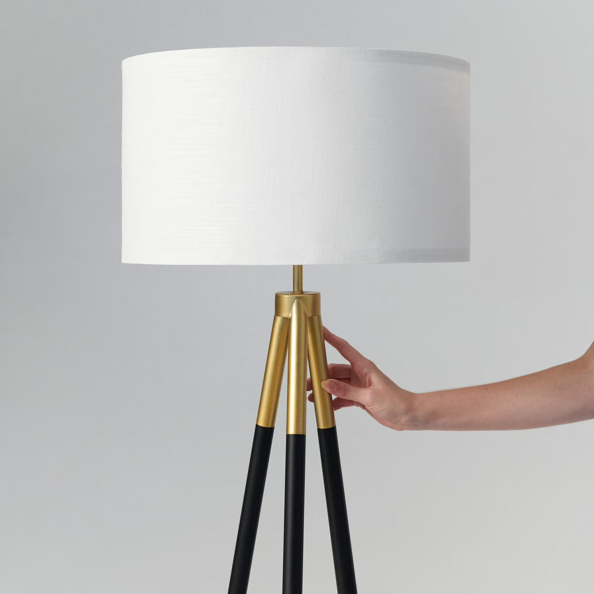 Gold Tripod Floor Lamp - Black Metal Legs, White Fabric Shade, E26