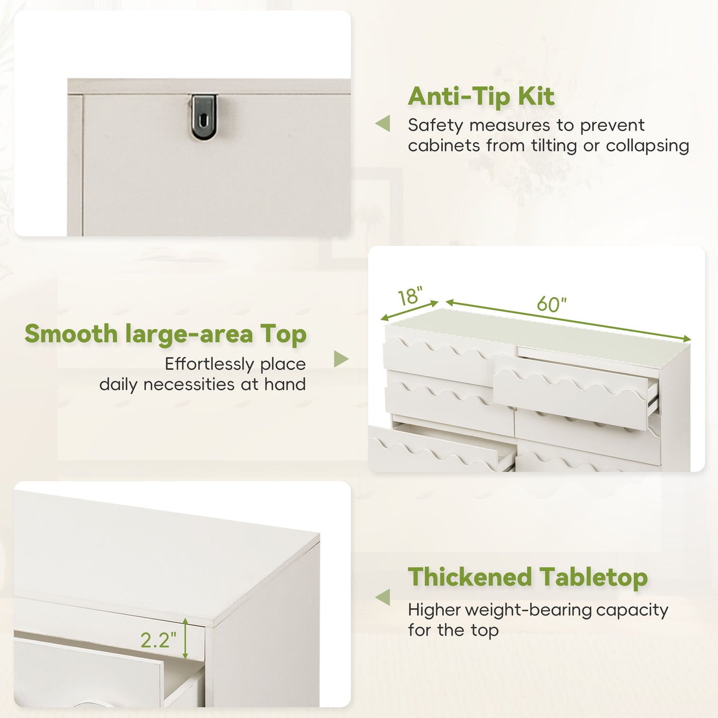 6-Drawer Dresser with Wave Front Design - Modern TV Stand & Bedroom Chest of Drawers, Ivory