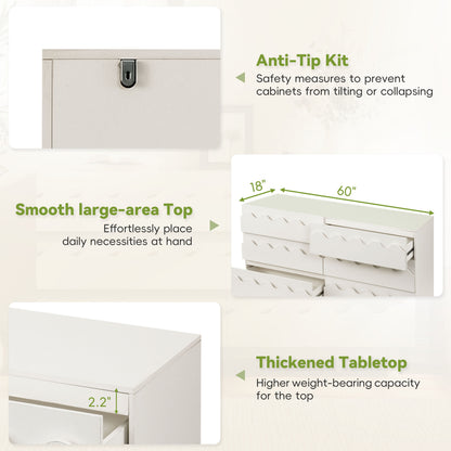 6-Drawer Dresser with Wave Front Design - Modern TV Stand & Bedroom Chest of Drawers, Ivory
