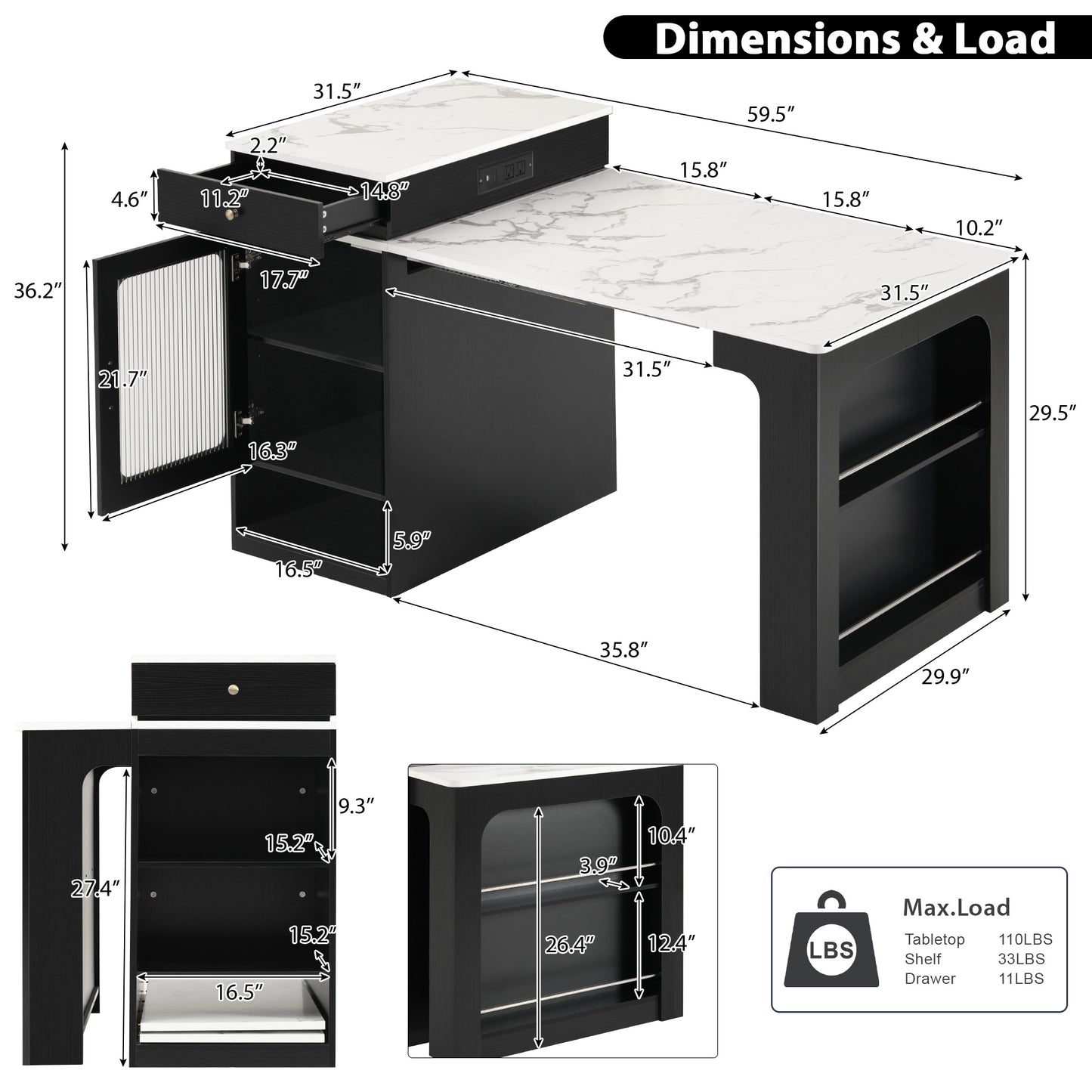 59.5" Kitchen Island with Extendable Dining Table, 2 Drawers, Power Outlet, Double-sided Storage and Open Shelves, Black