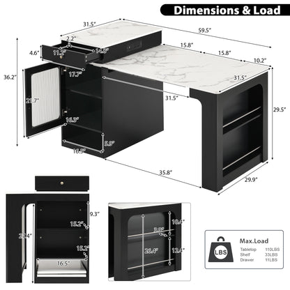 59.5" Kitchen Island with Extendable Dining Table, 2 Drawers, Power Outlet, Double-sided Storage and Open Shelves, Black