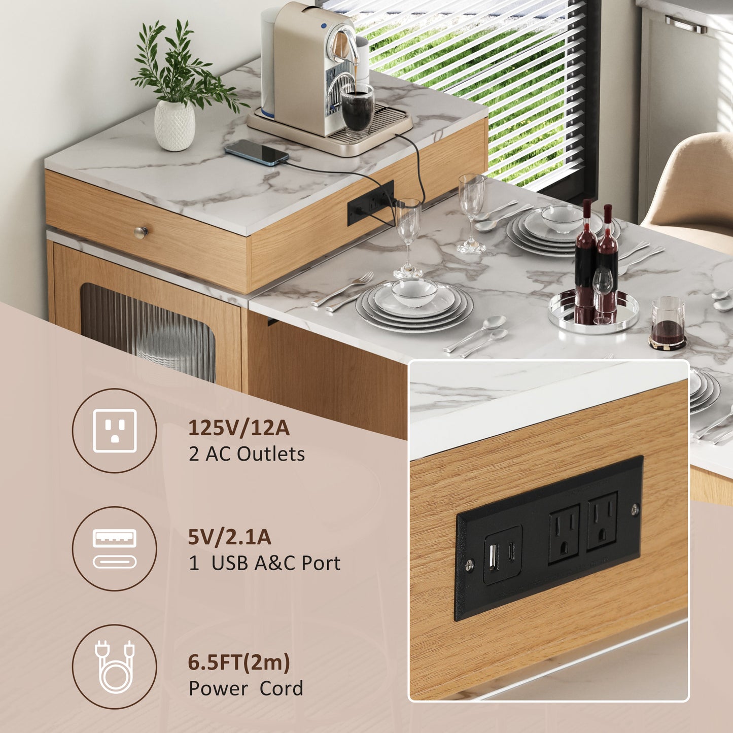 59.5" Kitchen Island with Extendable Dining Table, 2 Drawers, Power Outlet, Double-sided Storage and Open Shelves, Natural