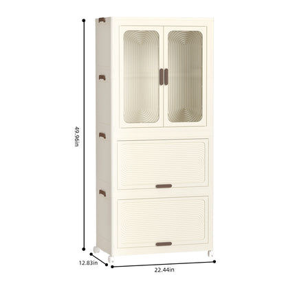 Portable Wardrobe Closet with 4 Cubes, Magnetic Doors & Hanging Rod - 10 Hangers Included, Cream White