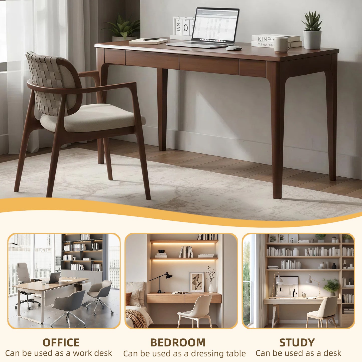 47" Solid Wood Desk with 2 Drawers - Mid-Century Modern Home Office Desk for Small Spaces, Walnut