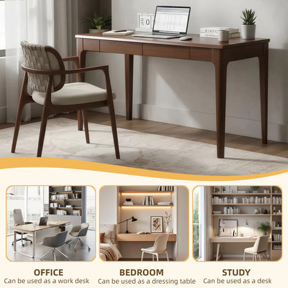 47" Solid Wood Desk with 2 Drawers - Mid-Century Modern Home Office Desk for Small Spaces, Walnut