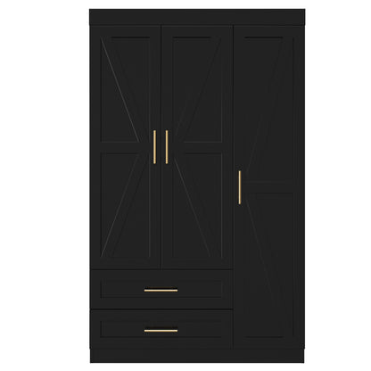 Shaker Style Classic Three-Door Wardrobe, Wood Bedroom Armoire With Hanging Rod And Shelves, Spacious Storage Closet, Modern Farmhouse Design, Black