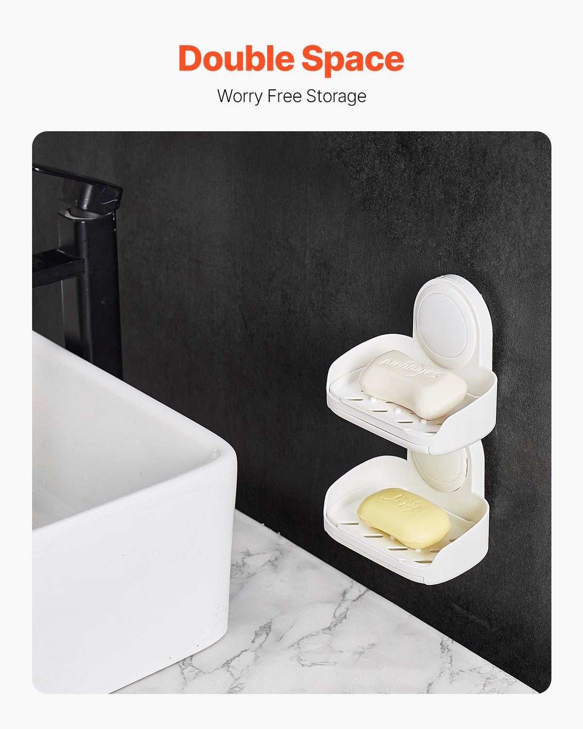 Suction Cup Soap Dish With Double Layer Holder With Drain Tray For Shower
