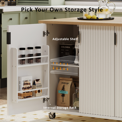 51" Fluted Kitchen Island with Drop Leaf, Rolling Kitchen Cart with Internal Storage Rack and Towel Rack, White