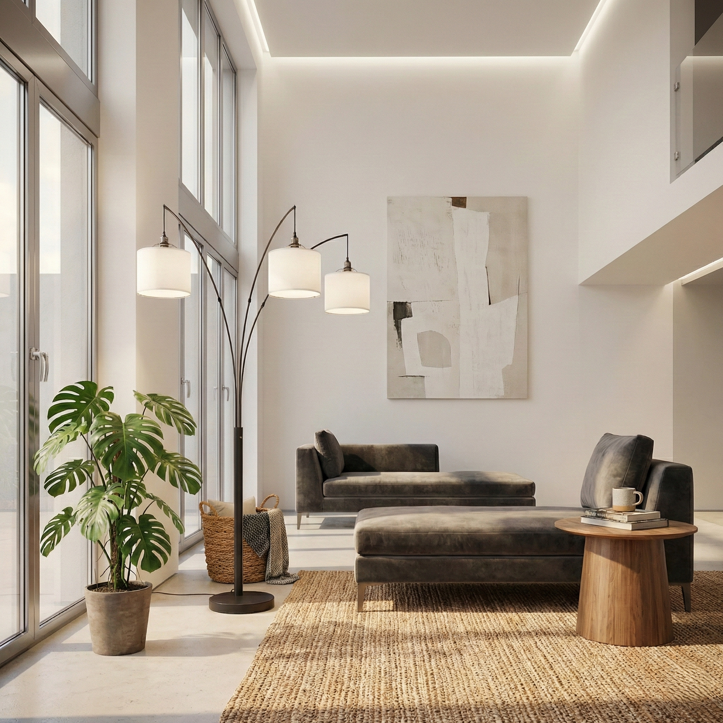 Royal 3-Arm Arc Floor Lamp - Oil Rubbed Bronze, Linen Shade, 4-Way Switch