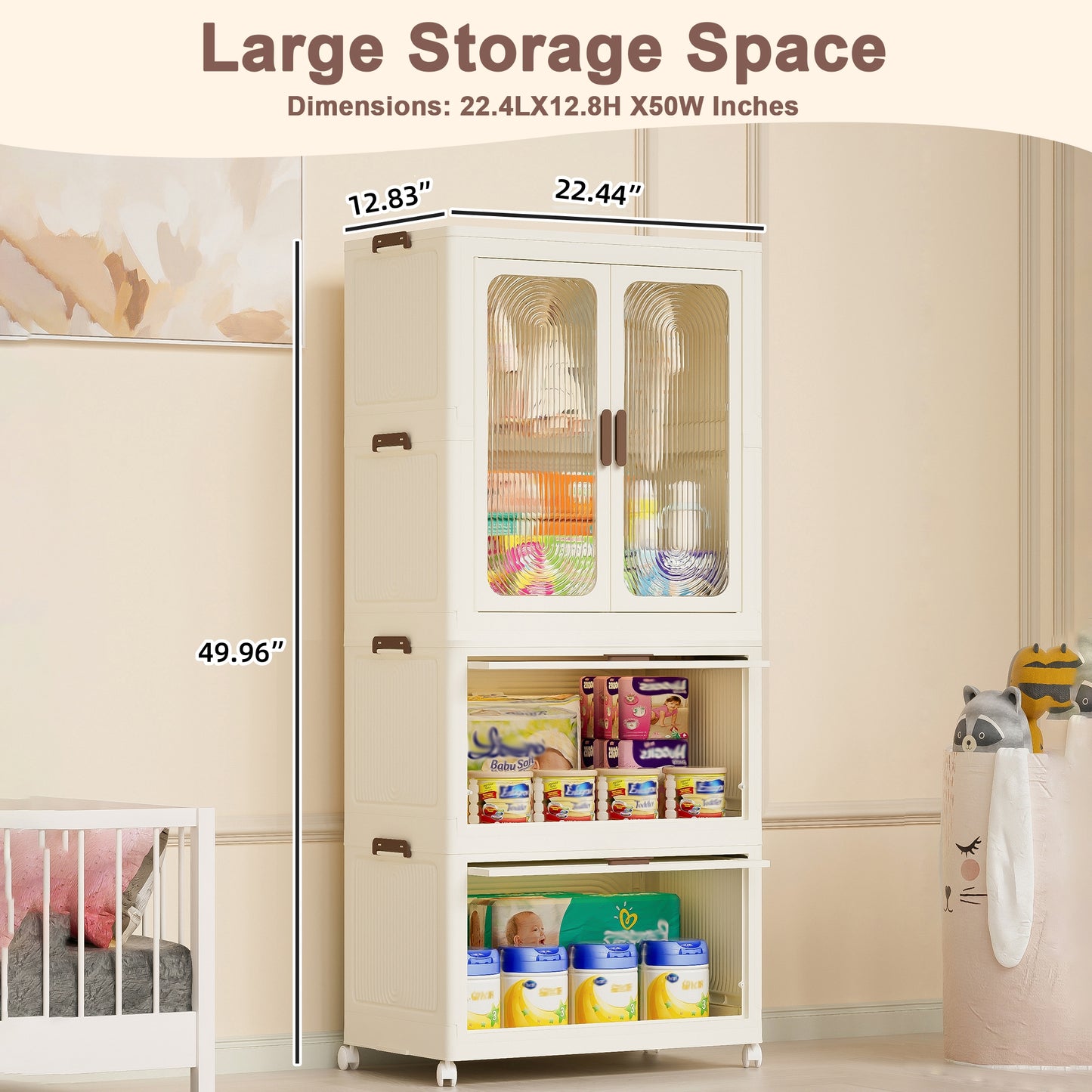 Portable Wardrobe Closet with 4 Cubes, Magnetic Doors & Hanging Rod - 10 Hangers Included, Cream White