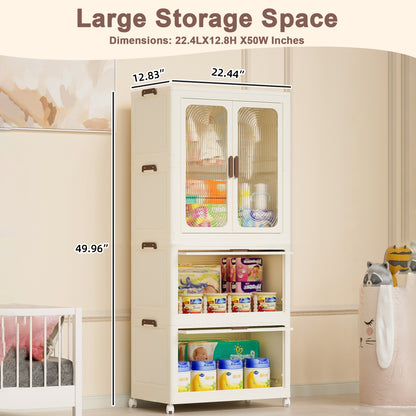 Portable Wardrobe Closet with 4 Cubes, Magnetic Doors & Hanging Rod - 10 Hangers Included, Cream White