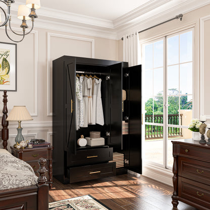 Shaker Style Classic Three-Door Wardrobe, Wood Bedroom Armoire With Hanging Rod And Shelves, Spacious Storage Closet, Modern Farmhouse Design, Black