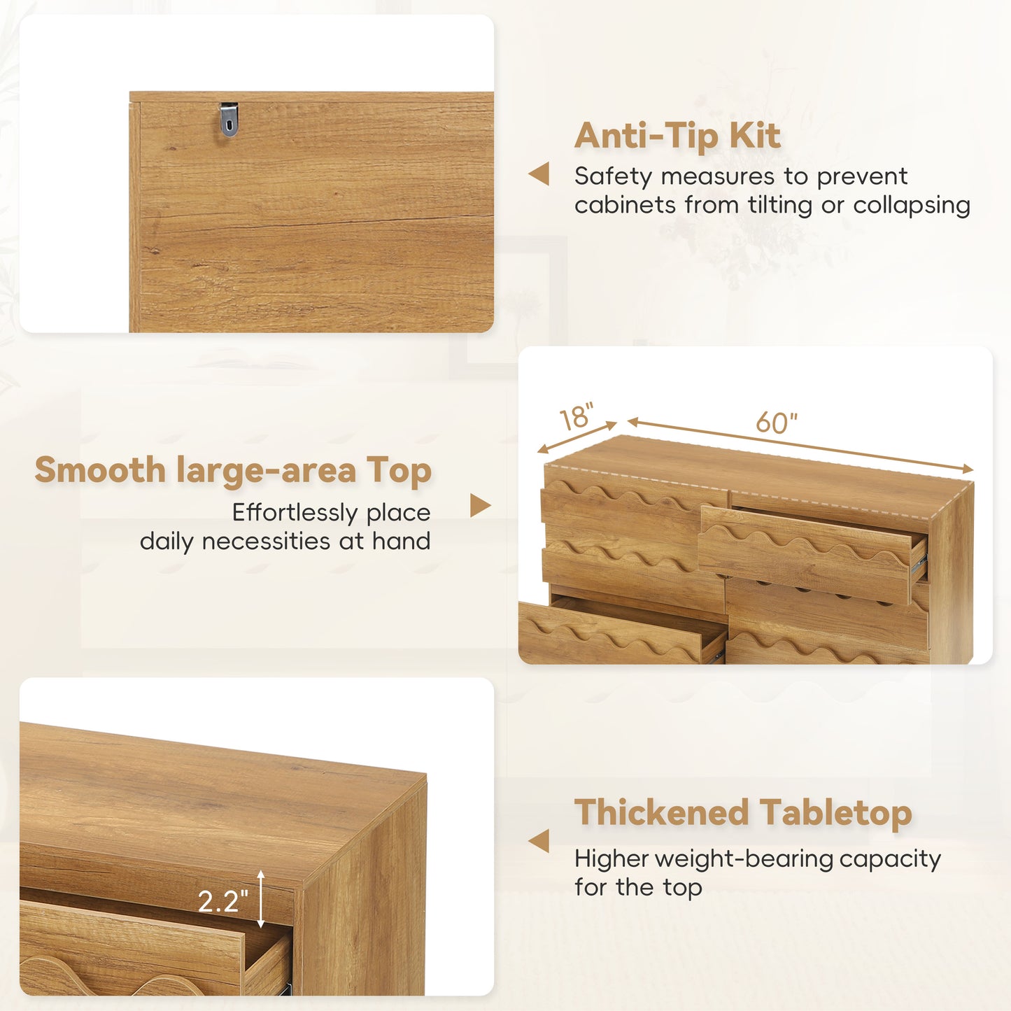 60" 6-Drawer Dresser with Wave Front Design - Modern TV Stand & Bedroom Chest of Drawers, Natural Oak