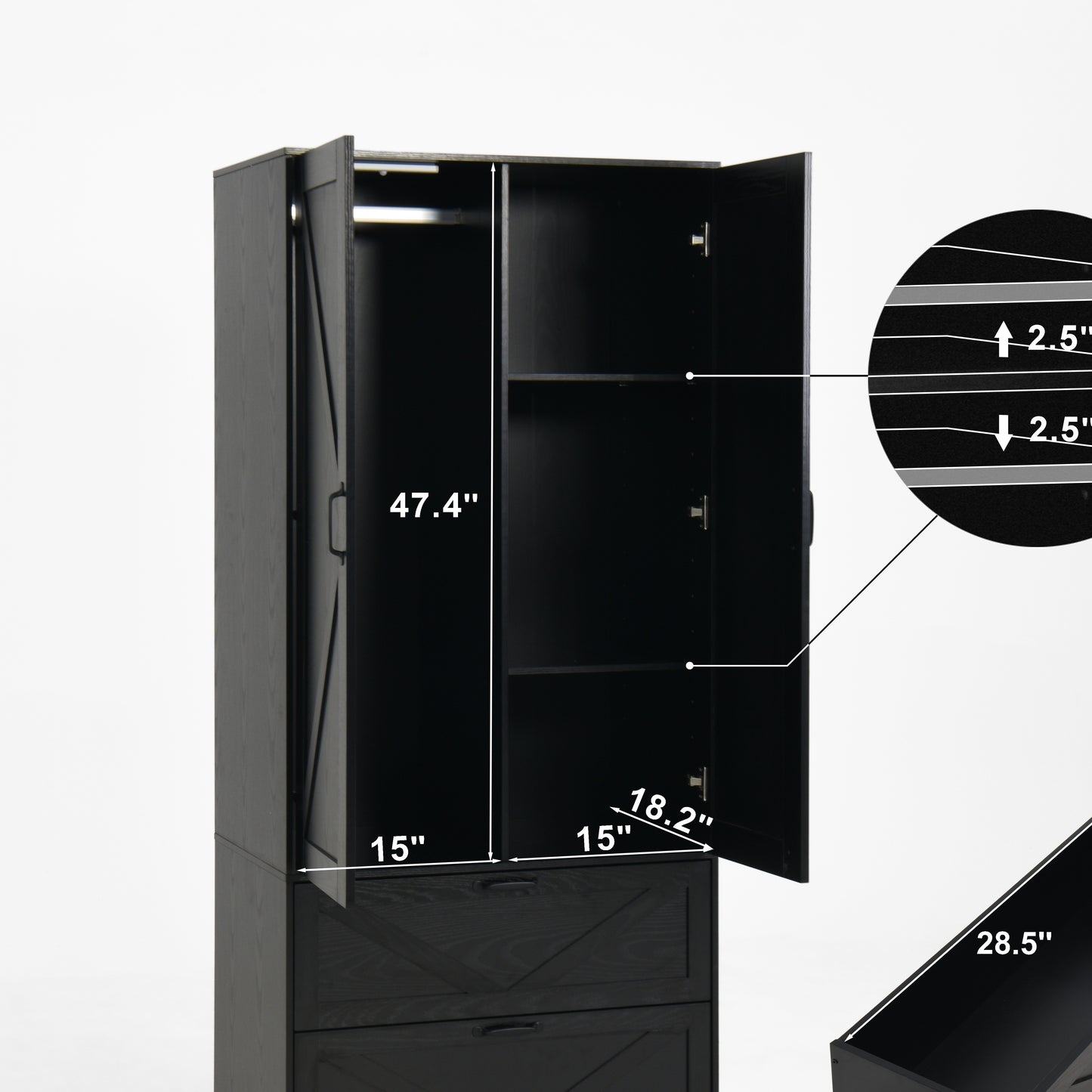 Wood Wardrobe Closet with 2 Doors, Mirror, Induction Light & 2 Drawers - 71" Bedroom Cabinet, Black