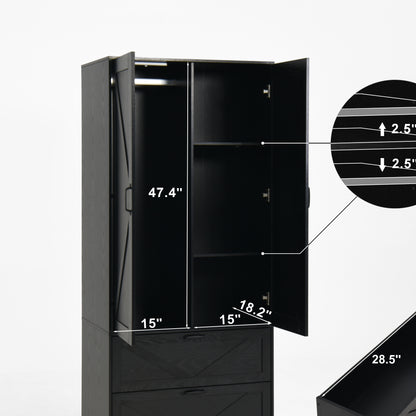 Wood Wardrobe Closet with 2 Doors, Mirror, Induction Light & 2 Drawers - 71" Bedroom Cabinet, Black