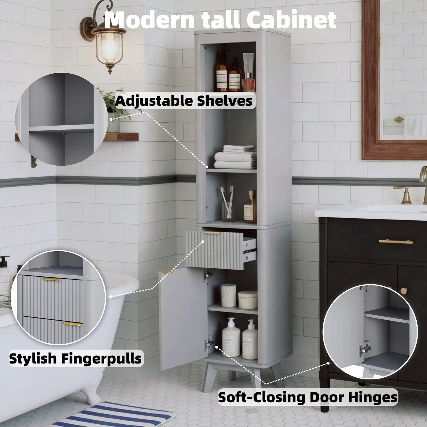 68  H Tall Bathroom Storage Cabinet With  Adjustable Shelves And One Drawer & Door, Storage Cabinet For Bathroom, Living Room, Entryway & Kitchen, Gray
