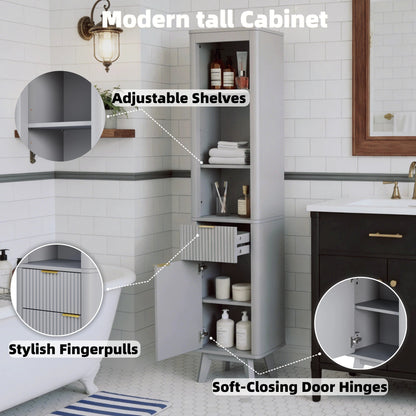 68  H Tall Bathroom Storage Cabinet With  Adjustable Shelves And One Drawer & Door, Storage Cabinet For Bathroom, Living Room, Entryway & Kitchen, Gray
