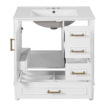 30  Bathroom Vanity With Ceramic Sink, Soft-Close Door With Built-in Shelf, Deep Drawer, Standard Drawer, Long Divider Drawer, Ample Storage Cabinet For Bathroom, Modern & Functional Design