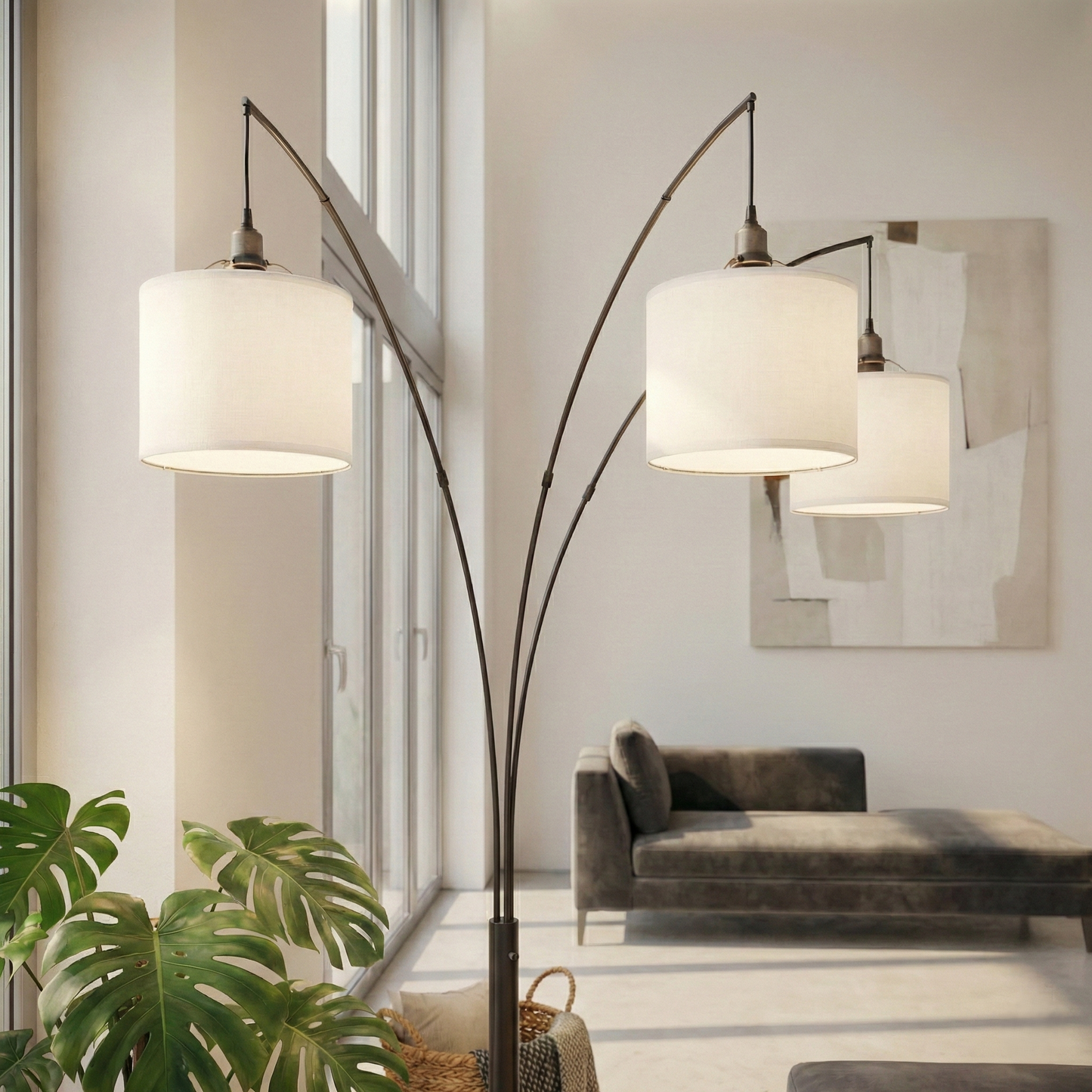 Royal 3-Arm Arc Floor Lamp - Oil Rubbed Bronze, Linen Shade, 4-Way Switch