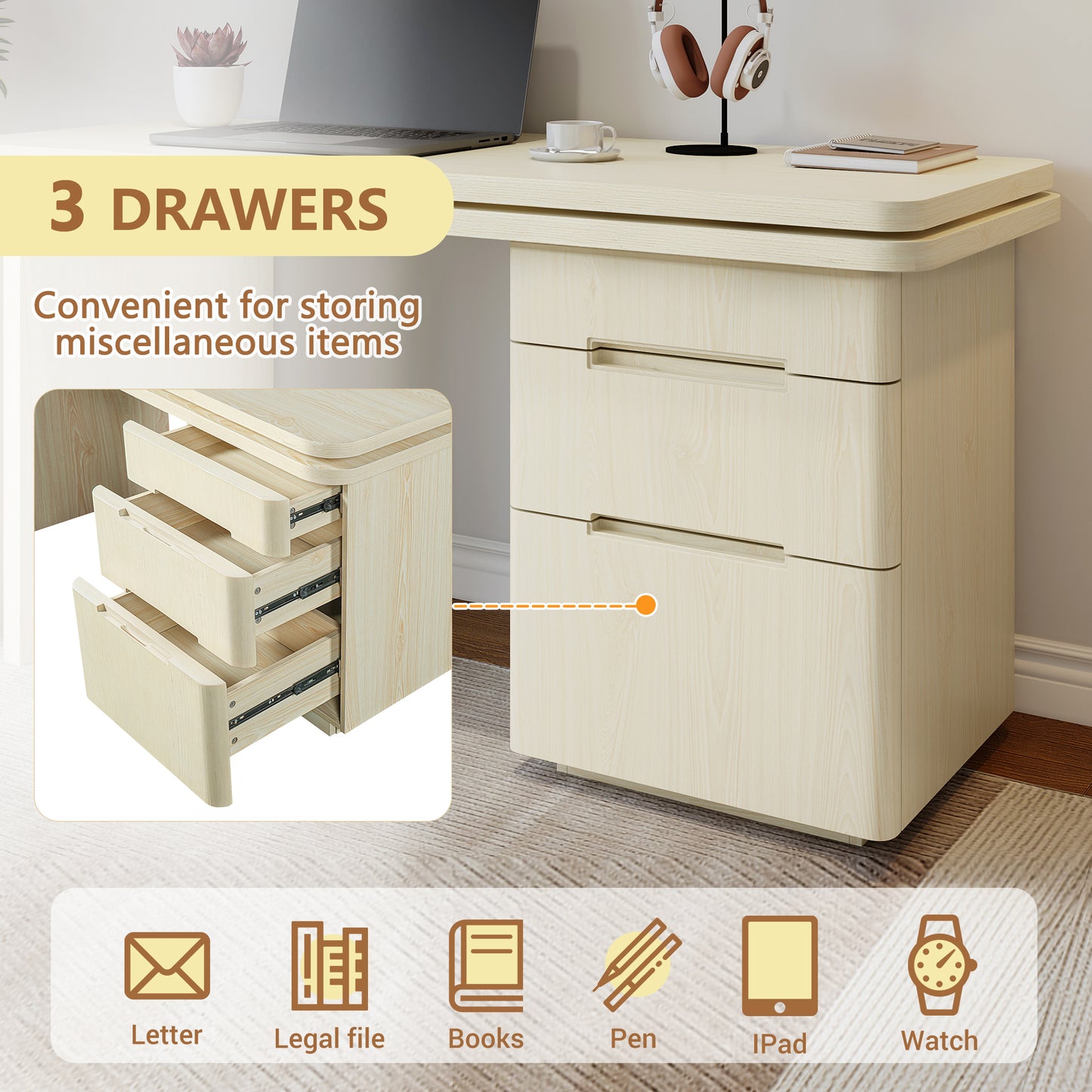 90" L-Shaped Executive Desk with 3 Drawers & 360° Rotating Corner - Modern Home Office Workstation, Natural Wood