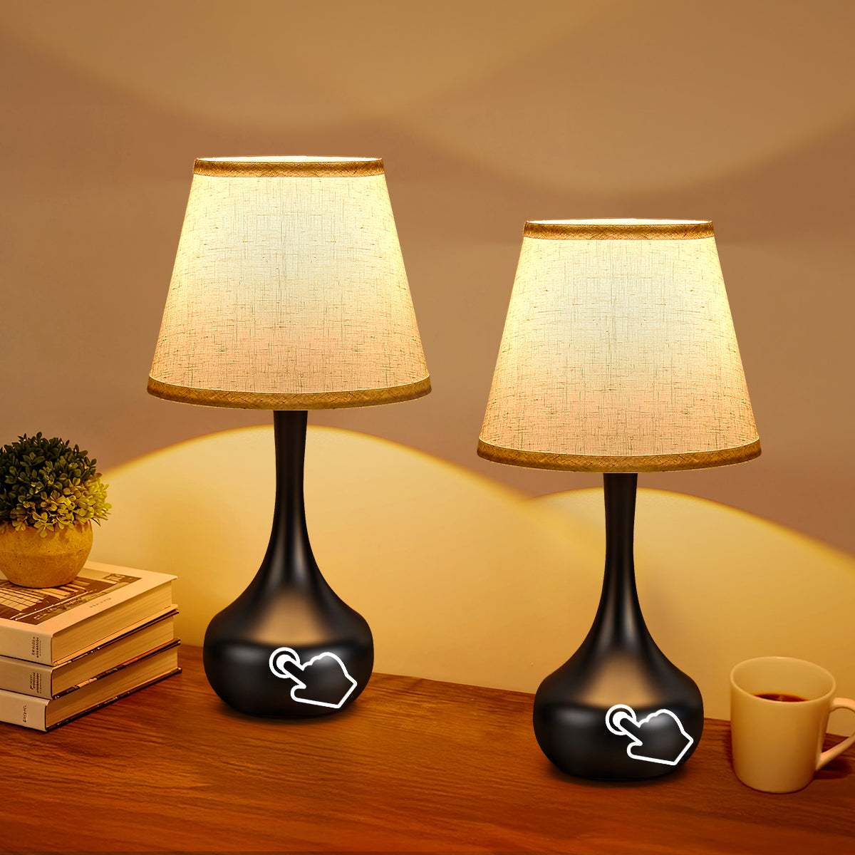 Dimmable Bedside Table Lamps - Set of 2 | Touch Control, Linen Shade, LED Bulbs Included - Black