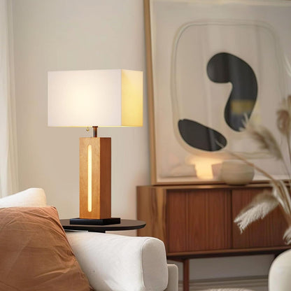 Farmhouse Bedside Table Lamps Set of 2 - Dimmable LED Nightlight, Wood Grain & Linen Shade