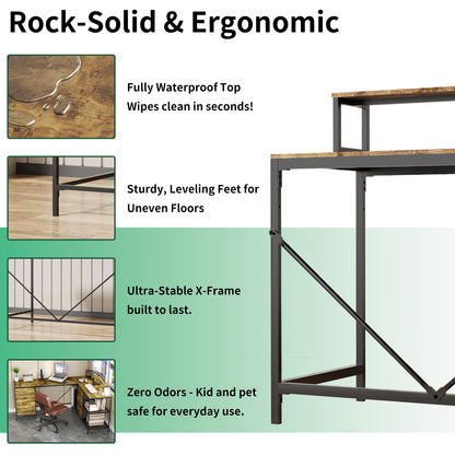 114" L-Shaped Gaming Desk with Power Hub, 6 Drawers & Removable Monitor Stand - Industrial Home Office Desk, Rustic Brown