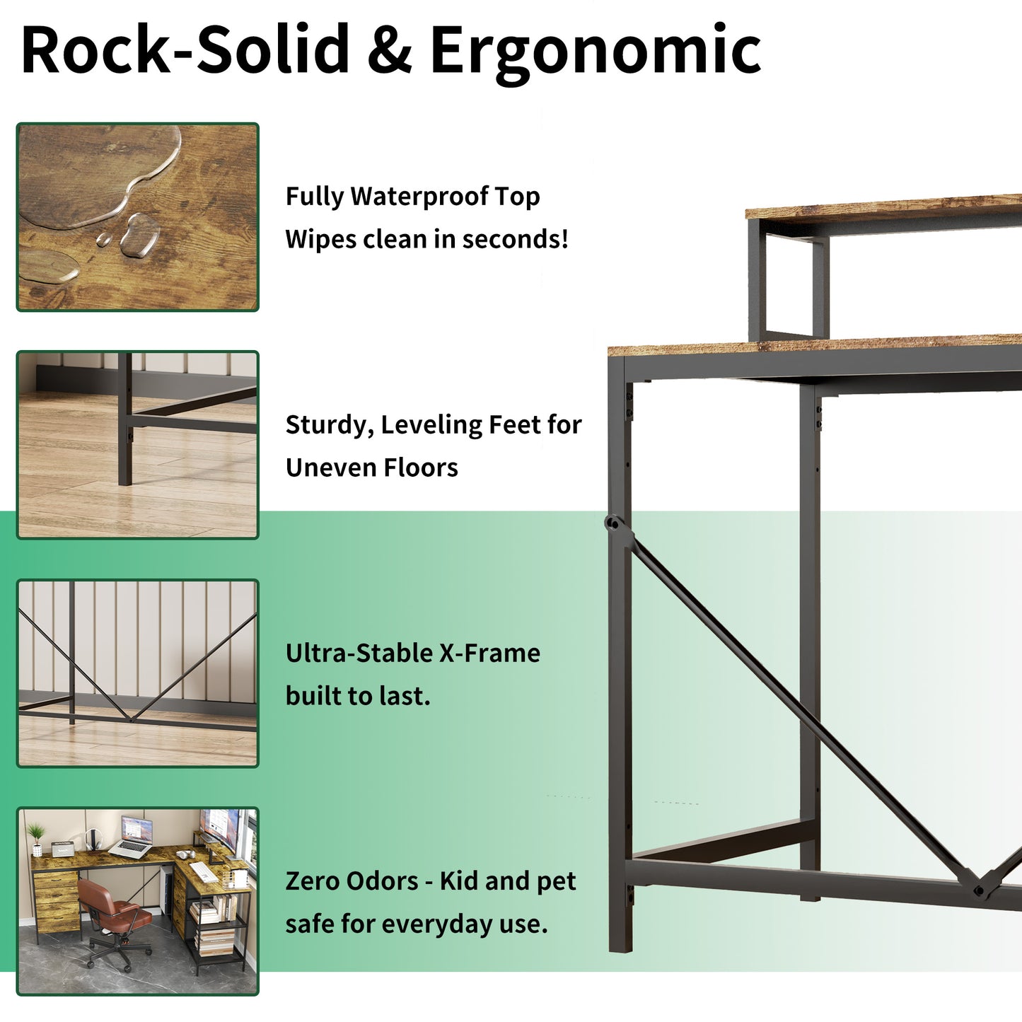 114" L-Shaped Gaming Desk with Power Hub, 6 Drawers & Removable Monitor Stand - Industrial Home Office Desk, Rustic Brown