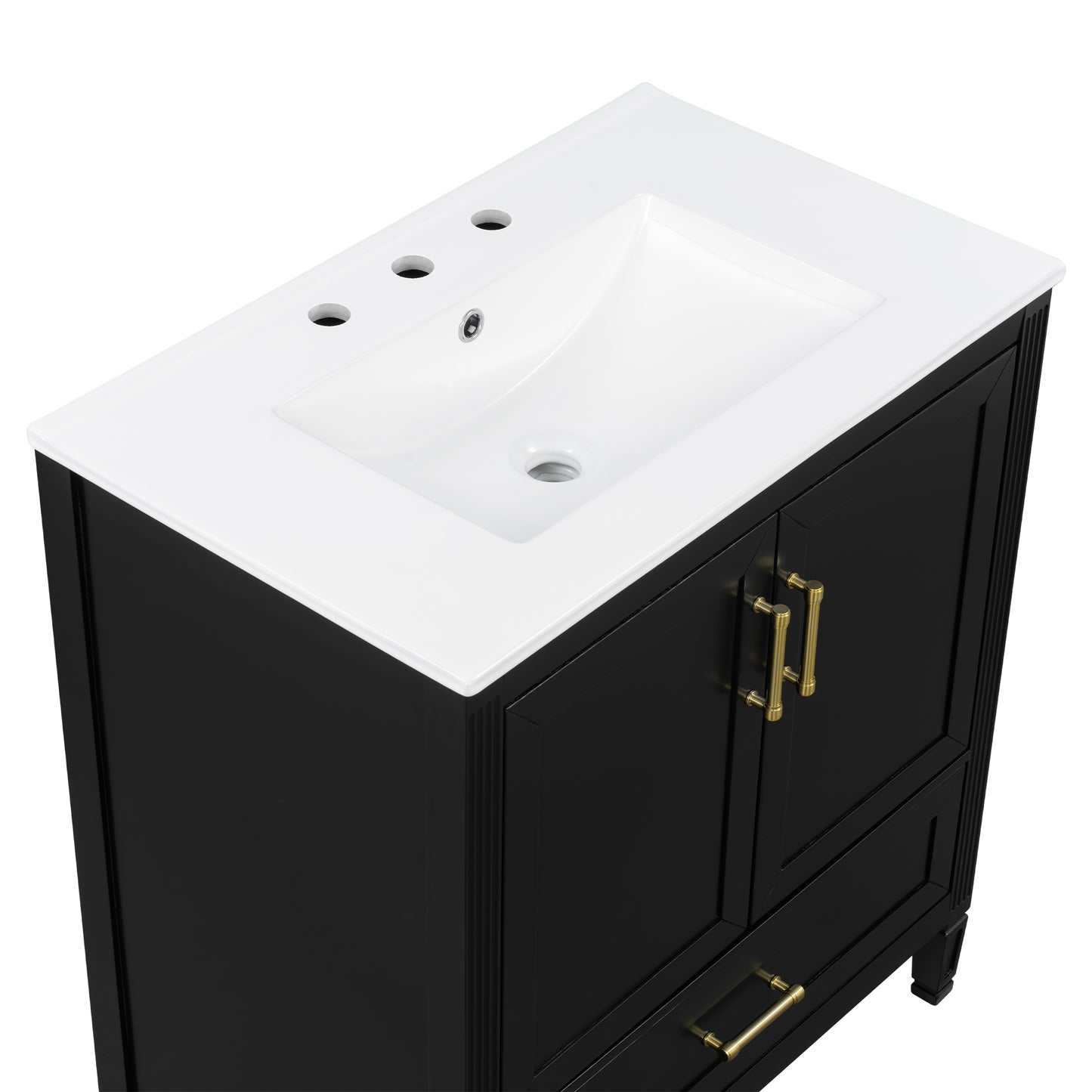 Elegant Fluted Bathroom Vanity With Ceramic Sink, Single Box Shipping, Solid Wood Legs, Soft-Close Doors & Drawer, Door Shelf, Black
