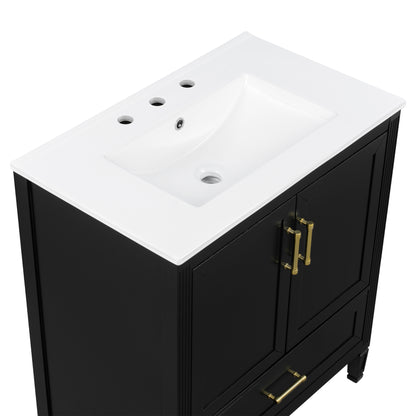 Elegant Fluted Bathroom Vanity With Ceramic Sink, Single Box Shipping, Solid Wood Legs, Soft-Close Doors & Drawer, Door Shelf, Black