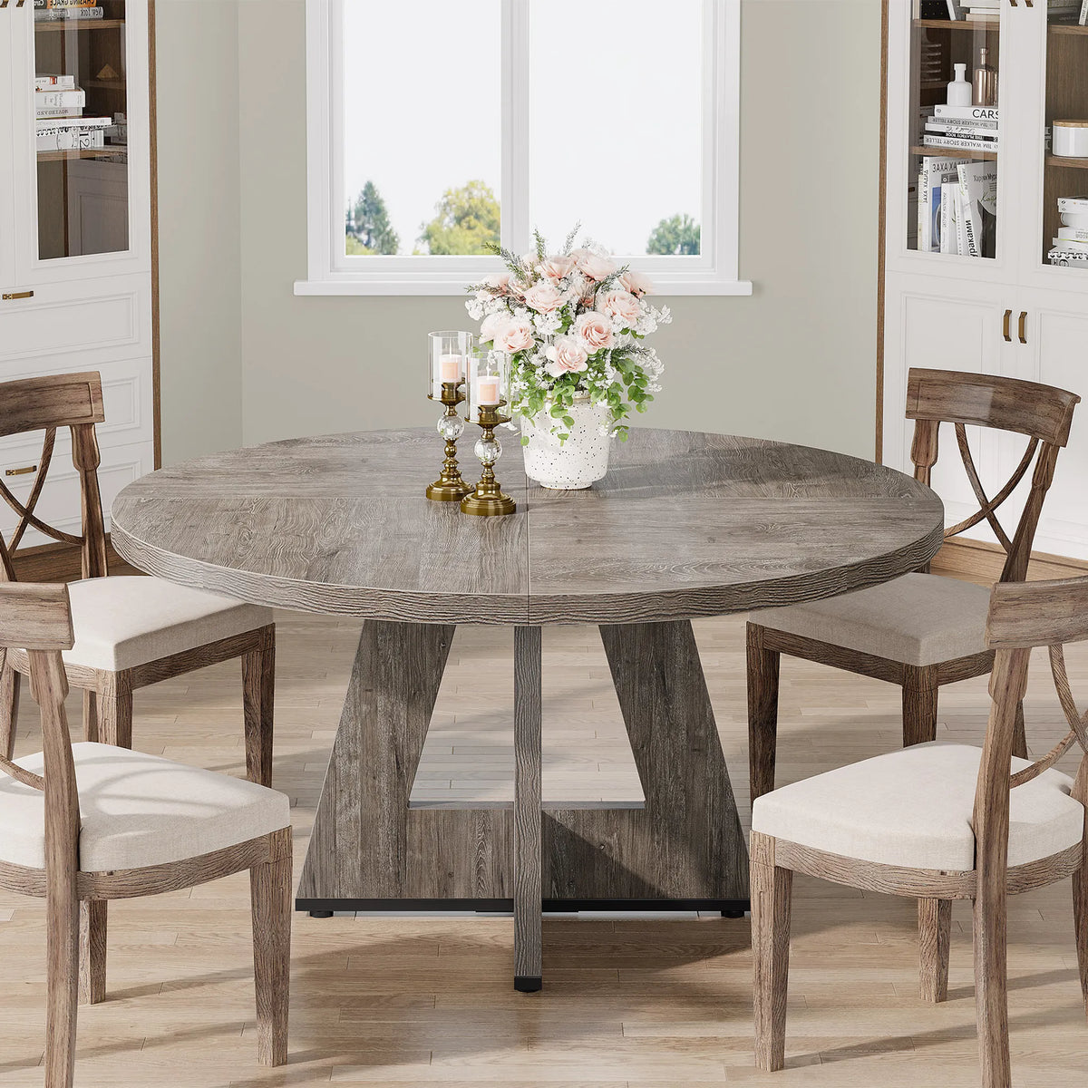 Round Dining Table for 4-6, 47" Kitchen Table with Pedestal Base and Thick MDF Top, Grey