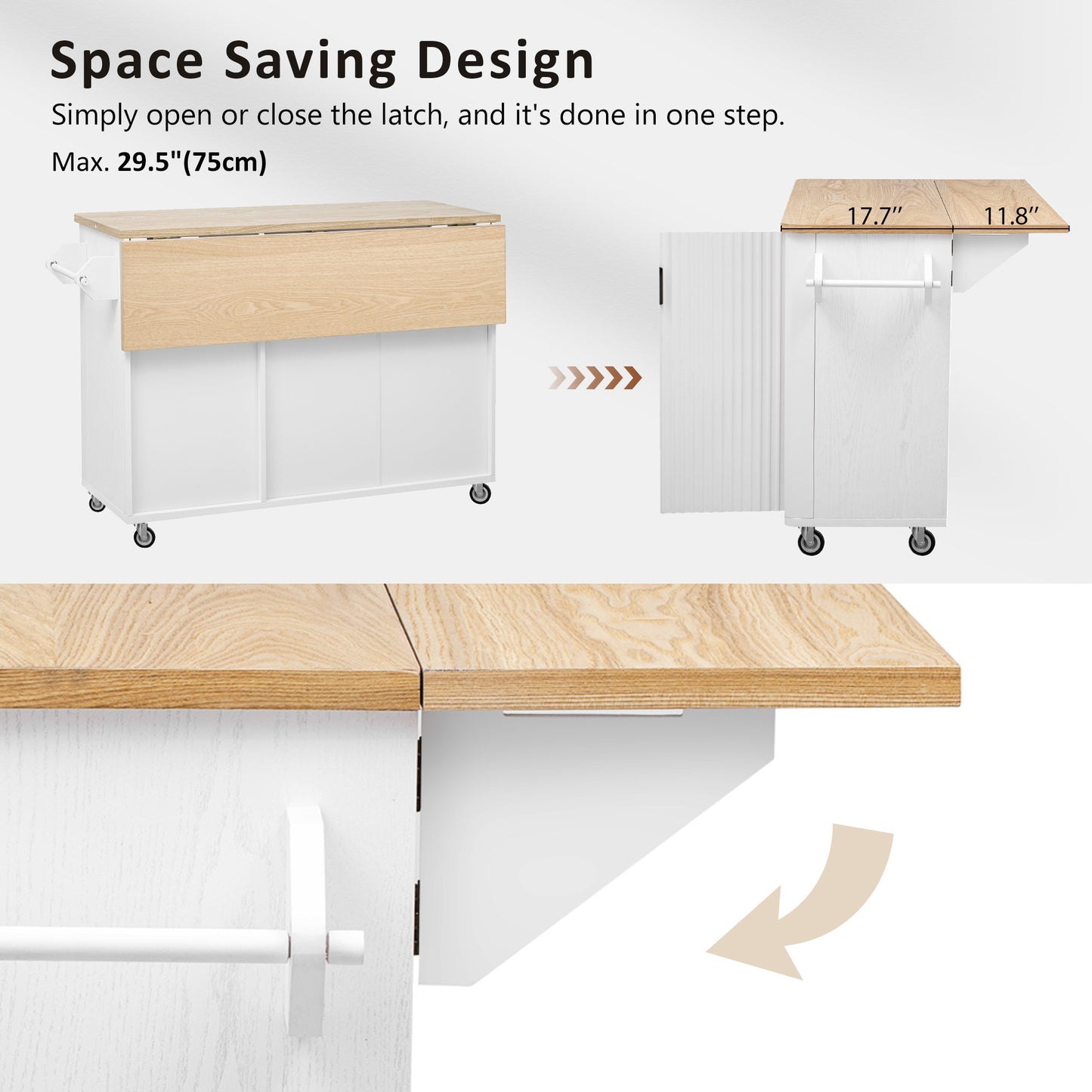 51" Fluted Kitchen Island with Drop Leaf, Rolling Kitchen Cart with Internal Storage Rack and Towel Rack, White