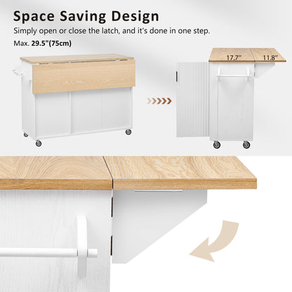 51" Fluted Kitchen Island with Drop Leaf, Rolling Kitchen Cart with Internal Storage Rack and Towel Rack, White