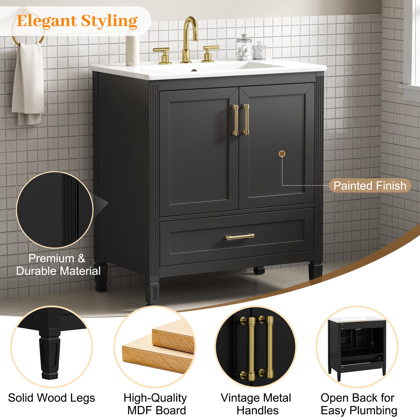 Elegant Fluted Bathroom Vanity With Ceramic Sink, Single Box Shipping, Solid Wood Legs, Soft-Close Doors & Drawer, Door Shelf, Black