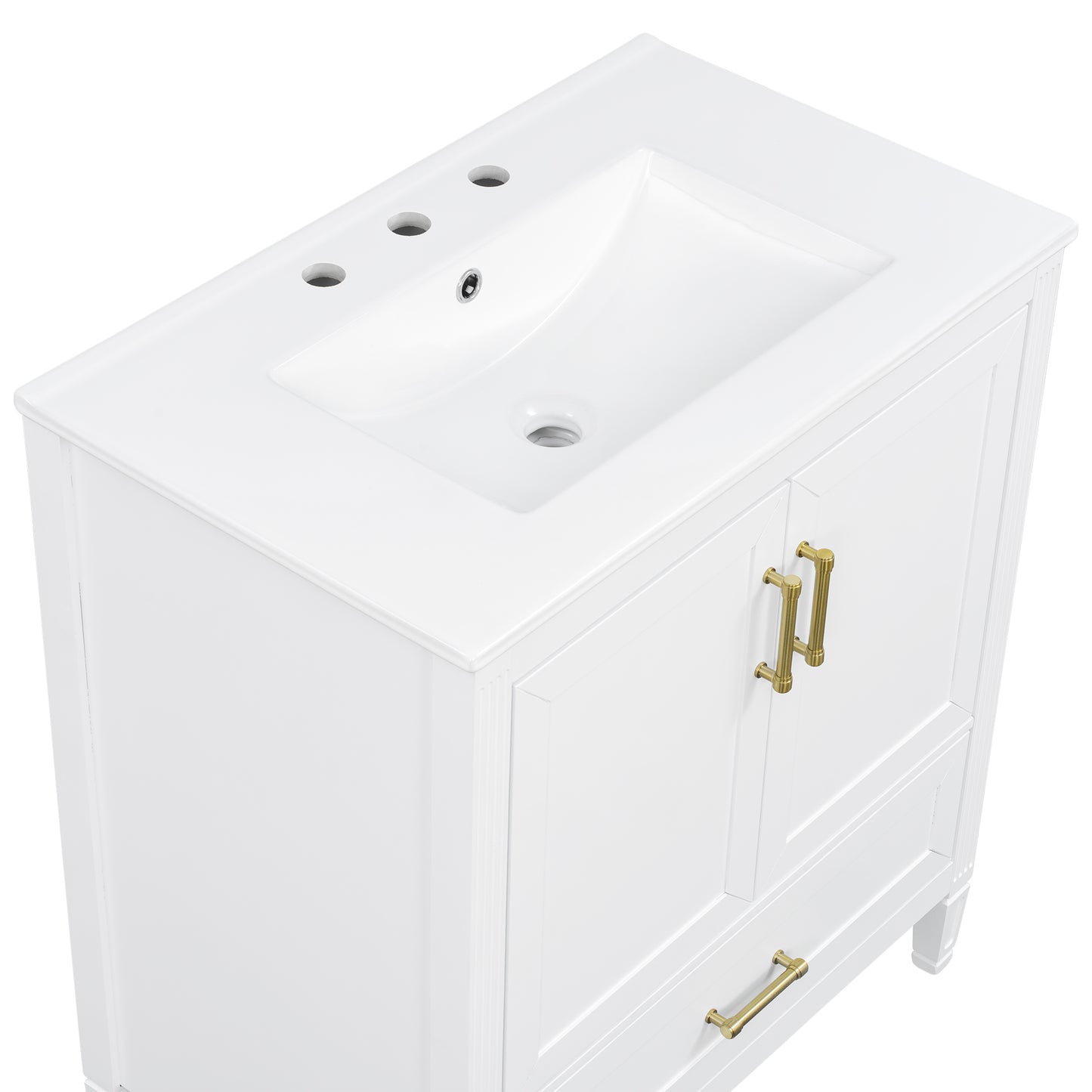 Elegant Fluted Bathroom Vanity With Ceramic Sink, Single Box Shipping, Solid Wood Legs, Soft-Close Doors & Drawer, Door Shelf, White