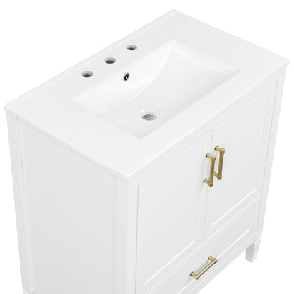 Elegant Fluted Bathroom Vanity With Ceramic Sink, Single Box Shipping, Solid Wood Legs, Soft-Close Doors & Drawer, Door Shelf, White