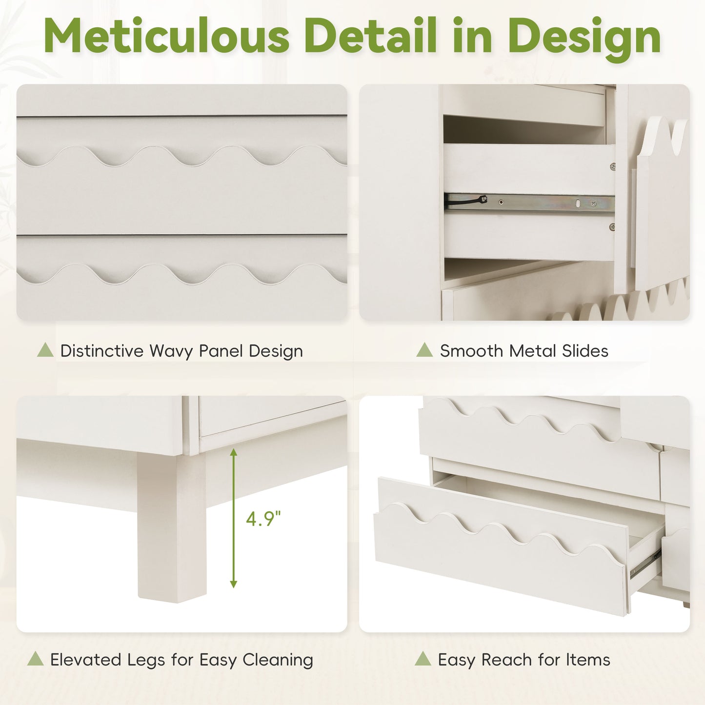 6-Drawer Dresser with Wave Front Design - Modern TV Stand & Bedroom Chest of Drawers, Ivory
