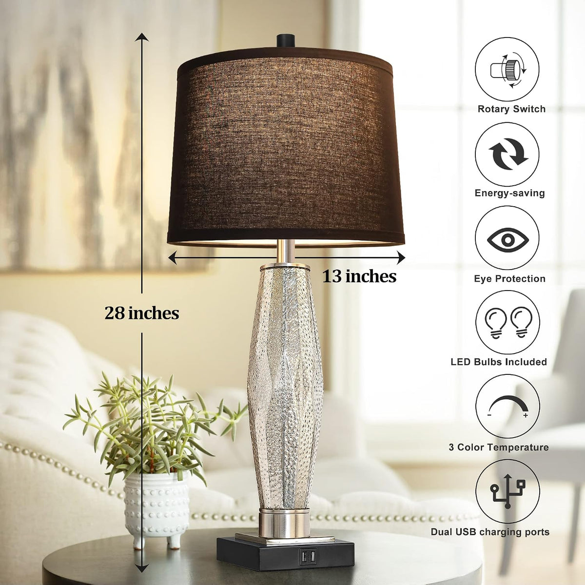 Black Bedside Table Lamps Set of 2 - USB-A & USB-C Charging, 3-Color LED | Modern Glass Nightstand Lamp