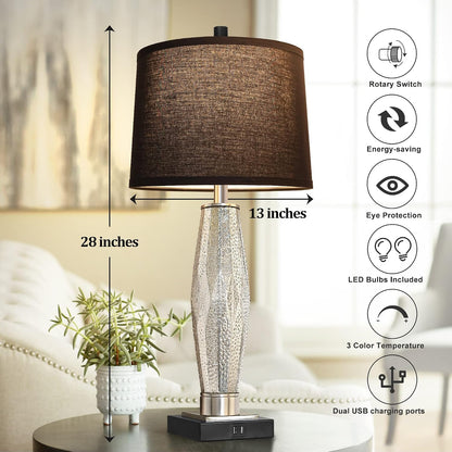 Black Bedside Table Lamps Set of 2 - USB-A & USB-C Charging, 3-Color LED | Modern Glass Nightstand Lamp