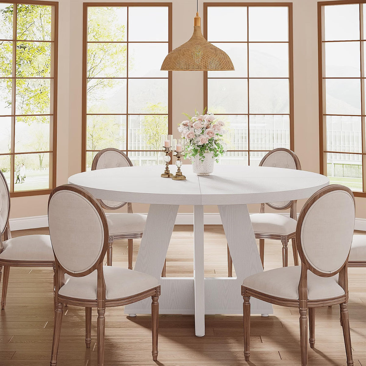 Round Farmhouse Dining Table for 4, 47" Kitchen Table with Metal Frame and MDF Top, White