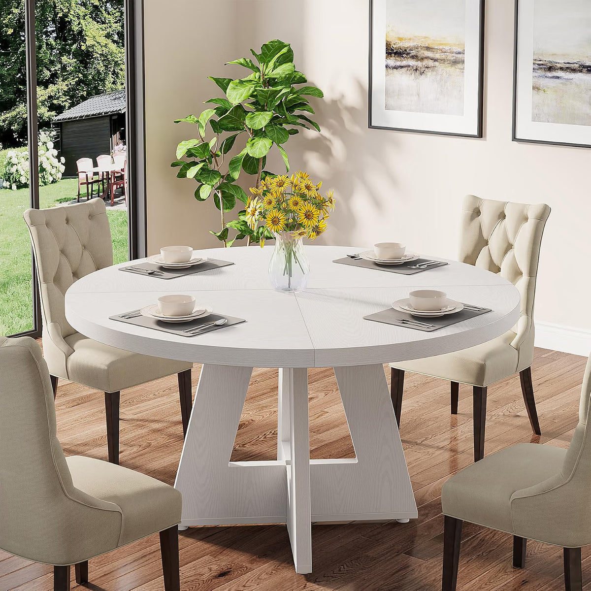 Round Farmhouse Dining Table for 4, 47" Kitchen Table with Metal Frame and MDF Top, White