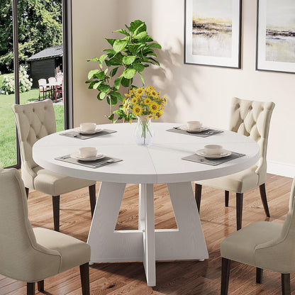 Round Farmhouse Dining Table for 4, 47" Kitchen Table with Metal Frame and MDF Top, White