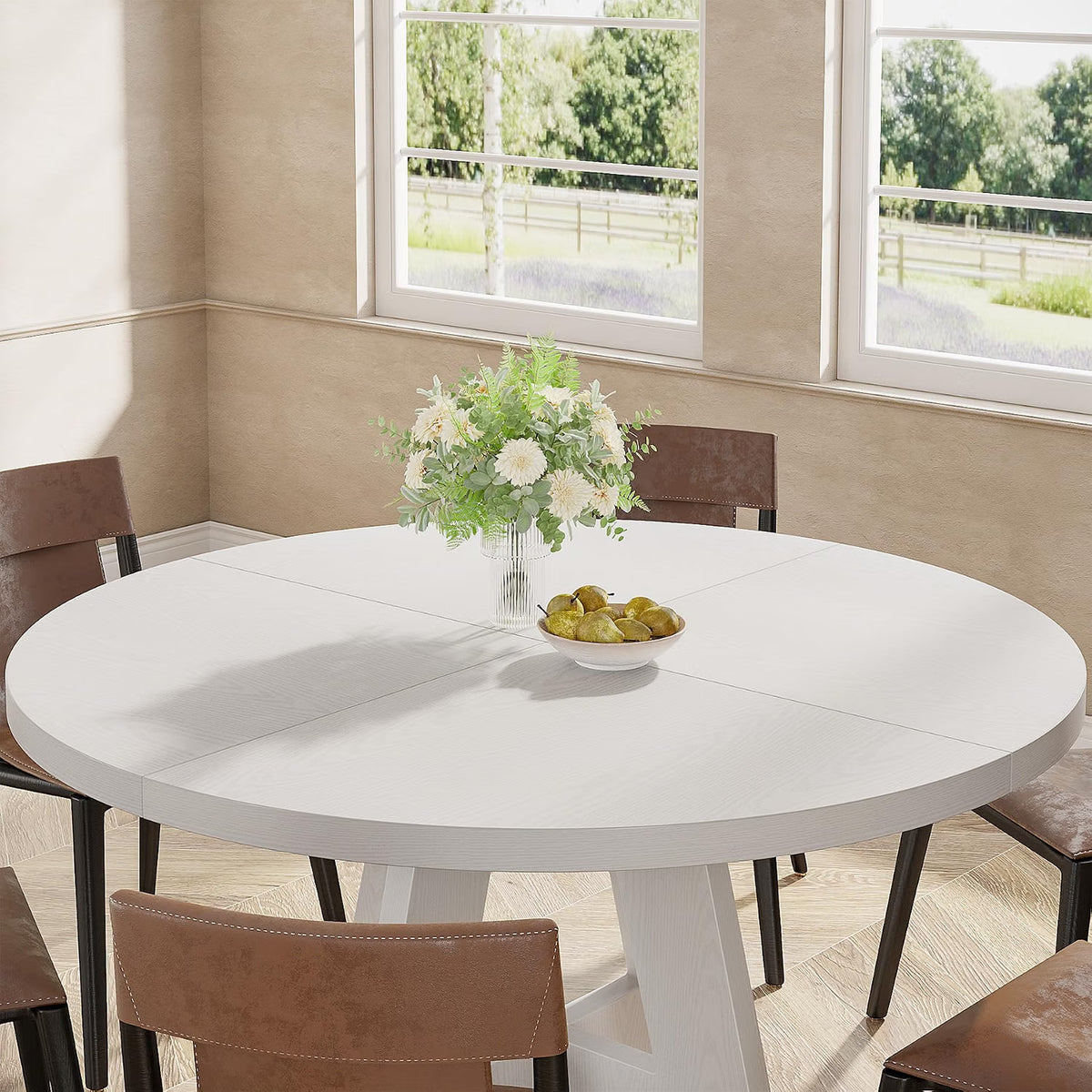 Round Farmhouse Dining Table for 4, 47" Kitchen Table with Metal Frame and MDF Top, White