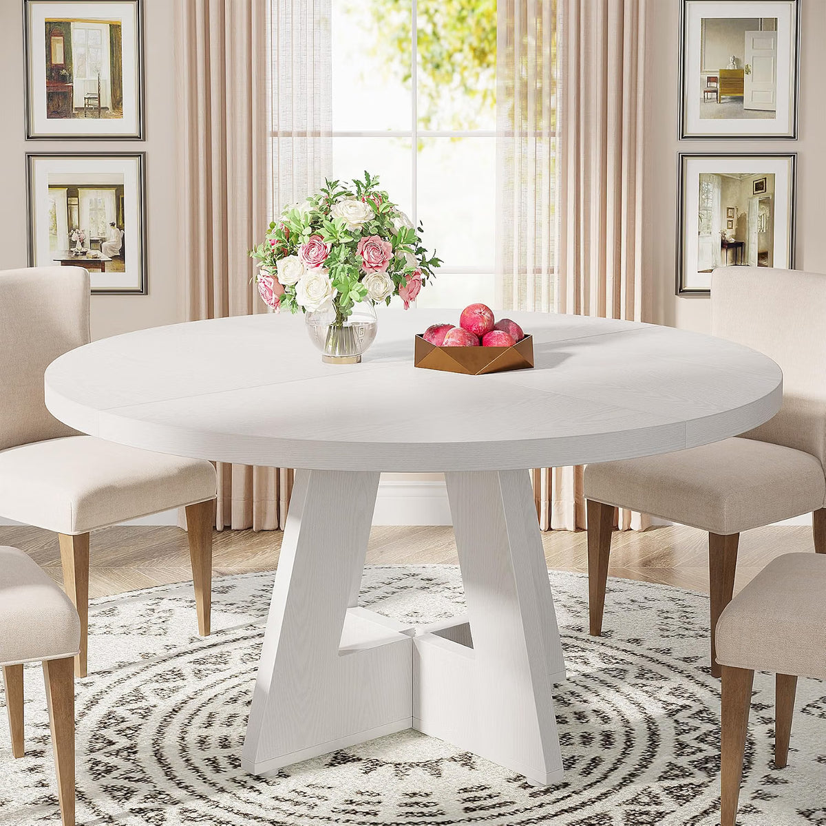 Round Farmhouse Dining Table for 4, 47" Kitchen Table with Metal Frame and MDF Top, White