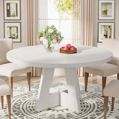 Round Farmhouse Dining Table for 4, 47" Kitchen Table with Metal Frame and MDF Top, White