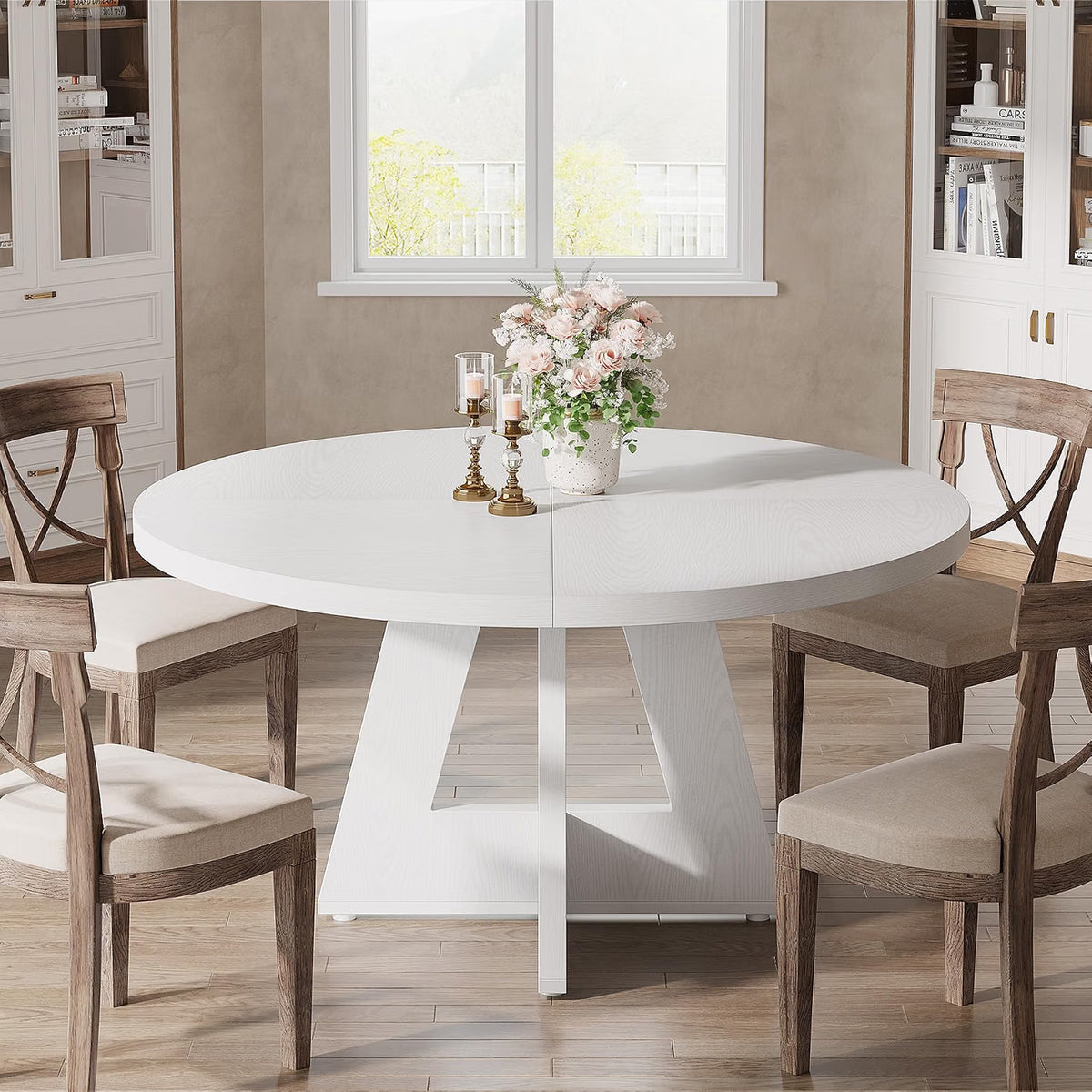Round Farmhouse Dining Table for 4, 47" Kitchen Table with Metal Frame and MDF Top, White