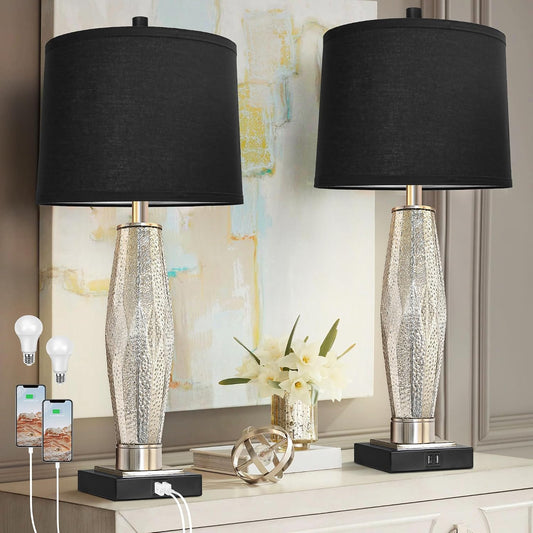 Black Bedside Table Lamps Set of 2 - USB-A & USB-C Charging, 3-Color LED | Modern Glass Nightstand Lamp