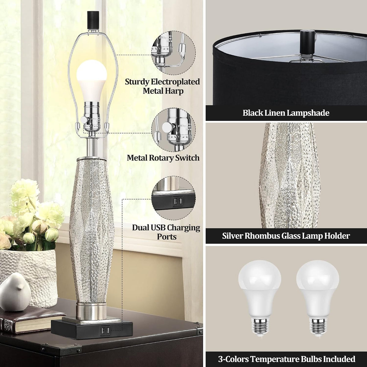 Black Bedside Table Lamps Set of 2 - USB-A & USB-C Charging, 3-Color LED | Modern Glass Nightstand Lamp